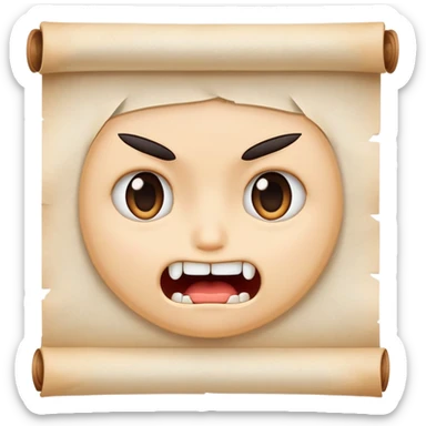 determined cartoon face biting on a small parchment scroll, anime-inspired style sticker