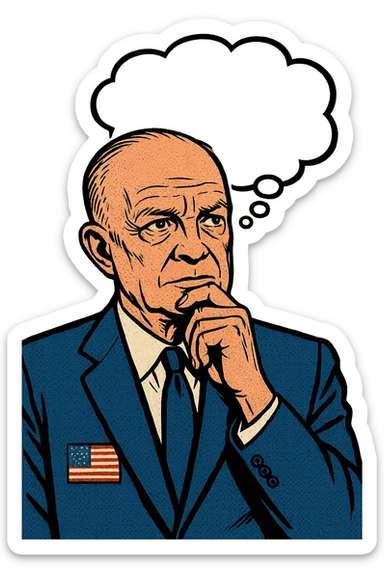 US President Eisenhower facing forward thinking about something.  He is wearing a blue suit with the US flag badge on his chest sticker
