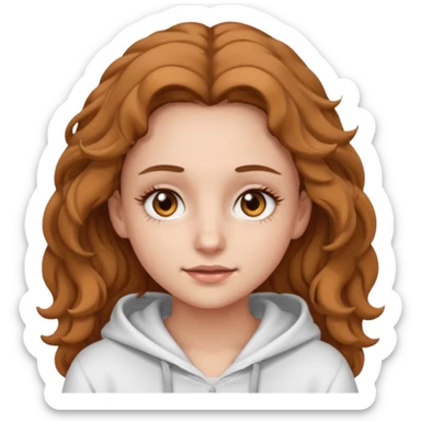 Una ragazza con una felpa semplice bianca,ha gli occhi marroni,i capelli marroni chiaro , c’è gli ha lunghi e ricci ma non troppo e ha le ciglia stile emoji apple sticker