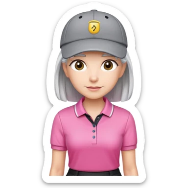 A female golfer with gray hair, pink polo shirt, a black skort, white cap sticker