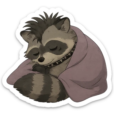 a punk goth trash baby raccoon cuddled up tucked in for a cozy nap sticker