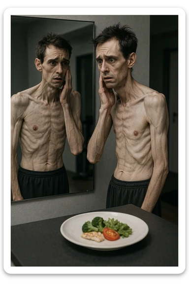 omo magro e stanco, con muscoli visibilmente ridotti, si guarda allo specchio con preoccupazione. Espressione afflitta, tono muscolare basso, ambiente domestico o palestra. Accanto a lui un piatto con pochissimo cibo proteico, come solo verdure. Atmosfera grigia, simbolica di carenza nutrizionale e perdita muscolare sticker