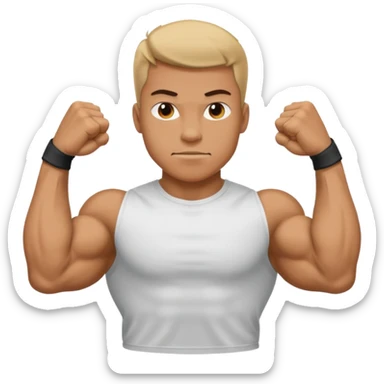 A person showing off their big muscles with their sleeve shirt as they wear a t shirt sticker