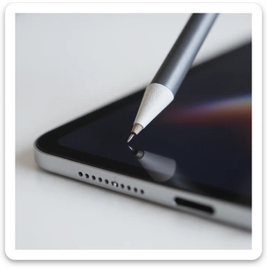 an iPad Pro with Apple Pencil, realistic style, close-up, detailed, photorealistic, modern device, screen reflection, metallic edges sticker