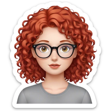 Beautiful girl with red curly hair, with gray eyes, in glasses, blush on sticker
