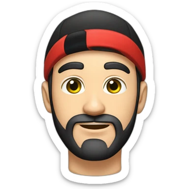 30-year-old man, dark brown beard, 10cm long, up to his nose, protruding ears, green eyes, beginning of unibrow, wearing black and red cap. sticker