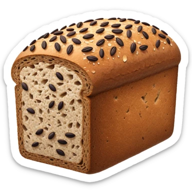 dense rectangular loaf of whole grain bread with dark brown crust, coarse textured surface speckled with seeds, slightly domed matte top, rustic hearty look, one or two thick slices beside it revealing grainy compact crumb, no plate, knife, or extras, soft lighting, subtle shadows, emoji scale sticker