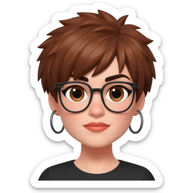 Female very very short brown hair few spikes brown eyes hoop earrings glasses full lips sticker