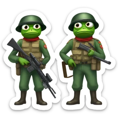 pepe le frog with soldier gear and a gun looking traumatized  sticker