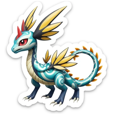 zig-zag-patterned tribal tropical hot swirl-marked Meloetta-Dialga-Salamence-Giratina-Noivern-Pokémon-Fakémon-fusion-hybrid-creature sticker