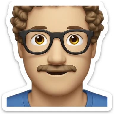 white man with short curly dark brown hair, blue small eyes, round eyeglasses and a brown mustache sticker