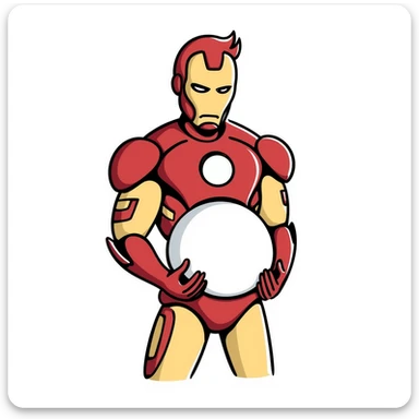 Iron Man superhero with a pregnant belly, iconic red and gold armor suit, arc reactor glowing in chest sticker