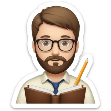 bearded man with glasses studying sticker