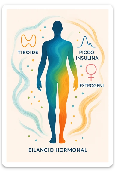 Il corpo è circondato da simboli delicati e bilanciati che rappresentano equilibrio ormonale e metabolico: piccoli cerchi, flussi energetici colorati, simboli stilizzati di tiroide, picco insulina, estrogeni. 4k immagine in italiano sticker
