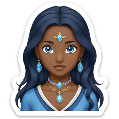 katara avatar with blue eyes, dark skin, long wavy jet black hair, sapphire on choker necklace  sticker