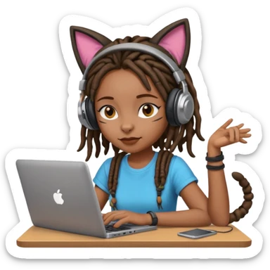 black girl with dreads who works remotely through a laptop with cat ear headphones sticker