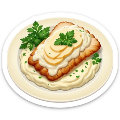 chicken slices with alfredo sauce and mashed potatoes on the side sticker