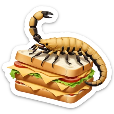 MAKE A SCORPION ON TOP OF A EHITE FLUFFY CLOUD THAT IS HOLDING A SANDWICH IN ITS CLAW AND LOOKING LIKE ITS EATING IT sticker