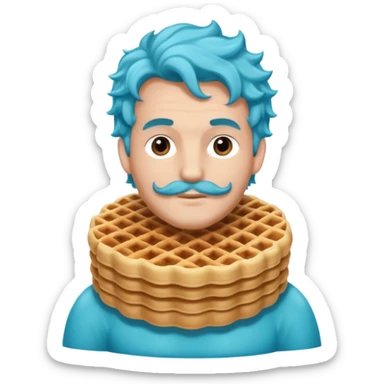 Crée un homme sirène avec une queue bleu turquoise et des long cheveux bouclé chatin en train de manger une gaufre  sticker