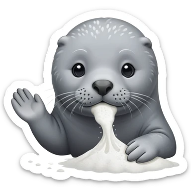 Grey seal is Sniffing white powder and holding the powder  sticker