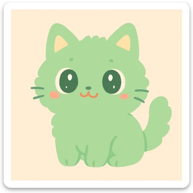 green fuzzy cute cat, soft fur, big eyes, playful expression, adorable, simple background sticker