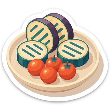 a plate with eggplant zucchini and cherry tomatoes in 2D isometric illustration style sticker