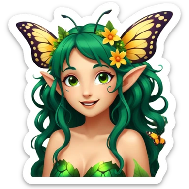 Cinematic Realistic Forest Nymph Fairy Portrait, head tilted dramatically with an exaggeratedly amused expression, featuring a striking, nature-infused form with glowing, sun-kissed tanned skin and vividly detailed dark green hair adorned with floral accents. Her expressive eyes brim with playful forest mischief, rendered with vibrant, lifelike textures and dynamic dappled lighting that conveys a spirited, over‐the‐top woodland whimsy showing her large butterfly wings from her back. sticker