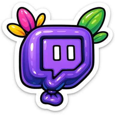 Chunky, smooth, and glossy Twitch logo, cartoon style, bold outline, strong shadows, bright highlights, decorated with colorful leaves, no background. Extra attention to contours and shine, in the style of the reference image, but even more rounded. sticker