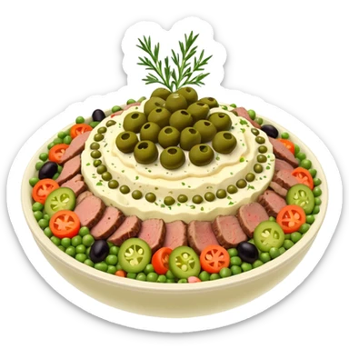 Salată de boeuf: a Romanian festive salad made with finely chopped boiled vegetables, pickles, peas, and beef or chicken, all mixed with mayonnaise and decorated with olives and pickles. sticker