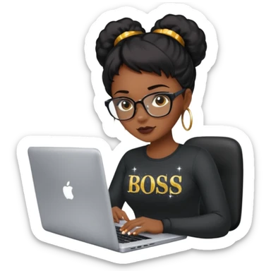 black pretty girl working hard with sparkles on laptop "boss lady" spelled out on shirt sticker