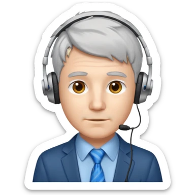 white male programmer with short messy silver gray hair, blue tie, small headphones sticker