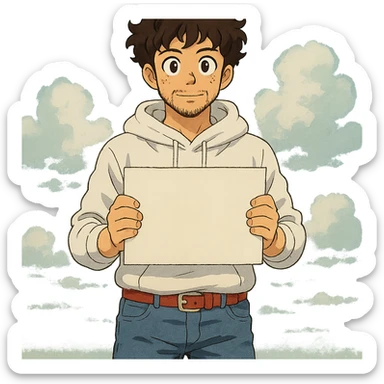 1 male, mid fade haircut dark chestnut brown curly hair, toasted lightskin, white hoodie sleeves up, fashion jeans, red fashion-sneakers shoes, red belt, short trimmed beard and goatee,  style of deku from "my hero academia", pose: holding a blank poster chest level sticker