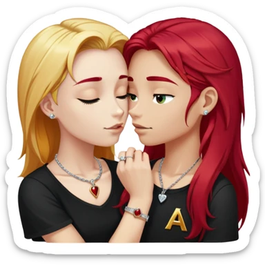 close-up of 20 year old couple kissing, girl with long cherry red hair, blonde eyebrows, gold necklace with letter A, diamond gold ring, red bracelet, boy with bright white hair wearing silver ring with black stone and dark t-shirt sticker