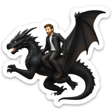 Confident White Man with dark brown hair and a short beard wearing black leather jacket and pants riding on the back of a giant black dragon sticker