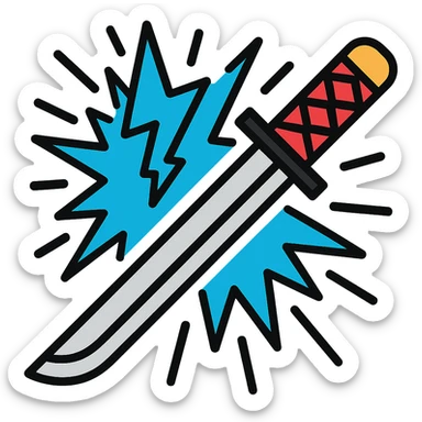 Add a burst of blue lightning radiating from the katana, with dynamic energy, no background, keep icon style consistent with lineal color icon with black outlines. sticker