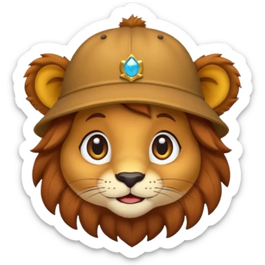emoji-style cute lion, chestnut hat, big sparkling eyes, warm friendly expression, autumnal colors, simple cartoon design sticker