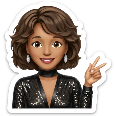 Whitney Houston with dark brown hair, black sequin jumpsuit sticker