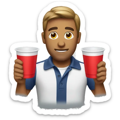 guy with 2 solo cups wearing a polo sticker