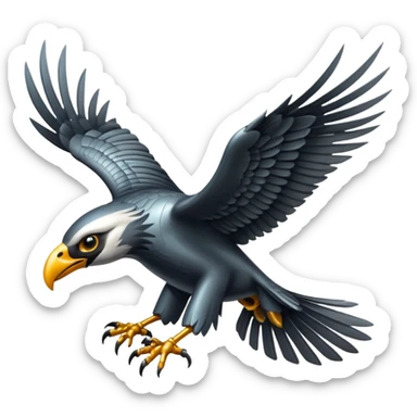 Emoji-style icon of a large metallic predatory bird flying, sharp wings, steel texture, dramatic pose, dark background sticker