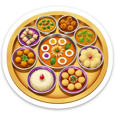 festive Indian thali platter with sweets, curries, rice, and puri sticker