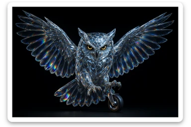 a majestic owl made of transparent diamond-like glass, light refracting through its body, shimmering reflections and refractions, ultra wide wings fully spread as if landing to catch prey, intense and serious facial expression, piercing beautiful eyes, holding a chair wheel in its claws, hard light, strong contrast between light and shadow, cinematic rim lighting highlighting edges, detailed crystalline texture, ultra realistic, high contrast, solid black background, void, nothingness, 8k, sharp focus sticker
