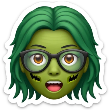 crie um emoji de zumbi feminino, com pele verde, óculos preto e cabelo longo preto sticker
