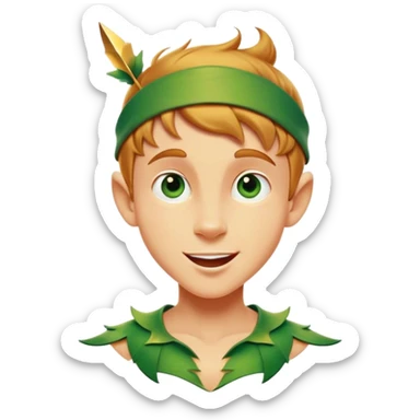 Cinematic Realistic Peter Pan Portrait, head tilted dramatically with an exaggeratedly amused expression, featuring sparkling eyes filled with playful mischief. His iconic outfit is rendered in vivid detail with dynamic shadows, capturing the delightful interplay of bravery and whimsy that defines his timeless character. sticker