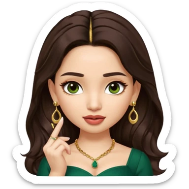 pretty bratz genmoji that looks like tamannah bhatia (bollywood actress), wearing a dark green sweetheart neckline top, dark brown hair, light makeup, no necklace, dangly earrings, side hair part, fair. dark brown eyes, long hair

Show her licking her finger  sticker