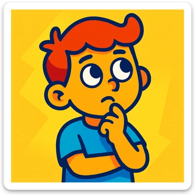 a boy in a thinking pose, finger on chin, looking up, vibrant toon style sticker