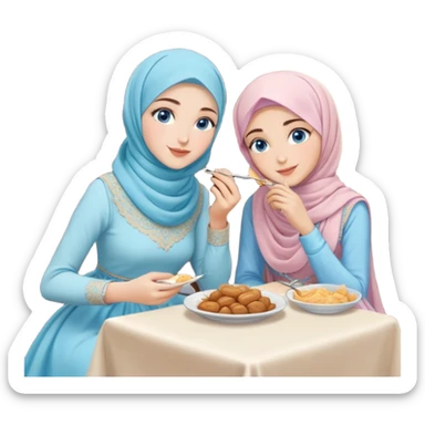 Turkish beautiful finish Konya girls blue eyes with pastel hijab long tail dress and the two friends sits on the chair on the ground and eating the food in the restaurant  sticker
