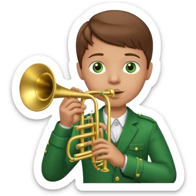 young boy with brown hair, green eyes who plays a trumpet sticker