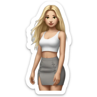 hyperrealist caucasian girl, long straight blonde hair, white v-neck laced crop top, grey tight micro skirt, walking towards camera sticker