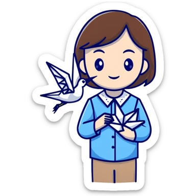 A happy Ukrainian young girl with brown hair in a white embroidered shirt holds an origami blue crane sticker