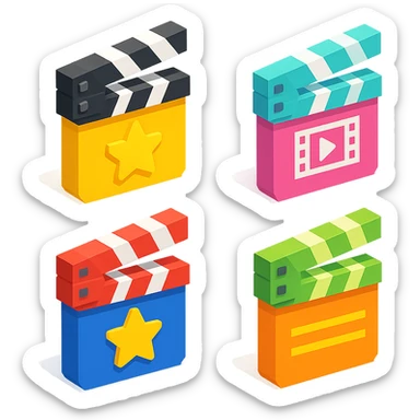isometric view set of movie clapperboards in voxel style, various colors and patterns on lids, some with stars, stripes, or film icons sticker